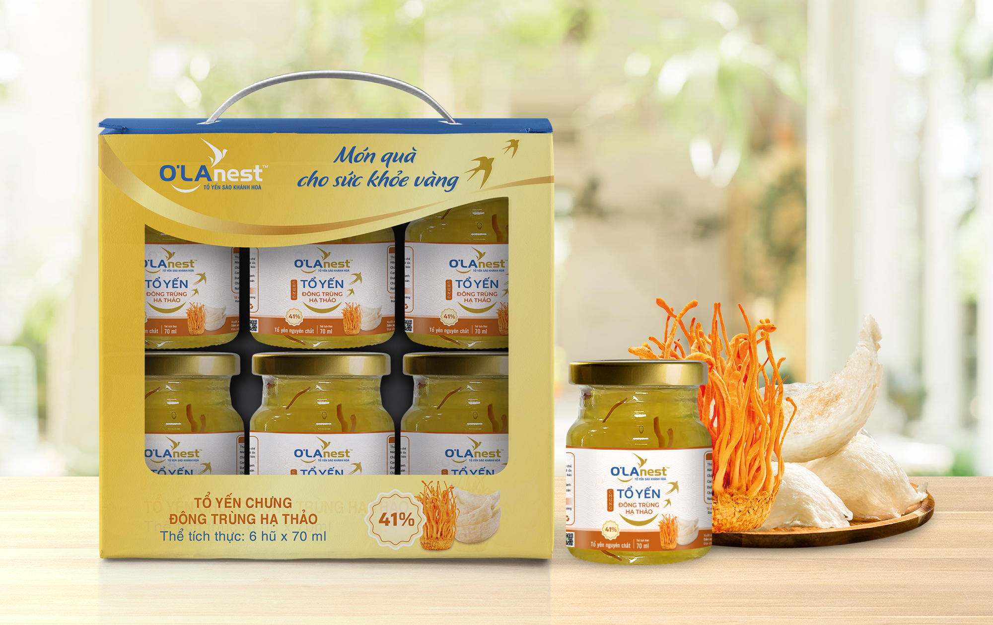 TỔ YẾN SÀO KHÁNH HÒA O'LAnest - TỔ YẾN CHƯNG ĐÔNG TRÙNG HẠ THẢO ( Hộp mini 6 hũ)